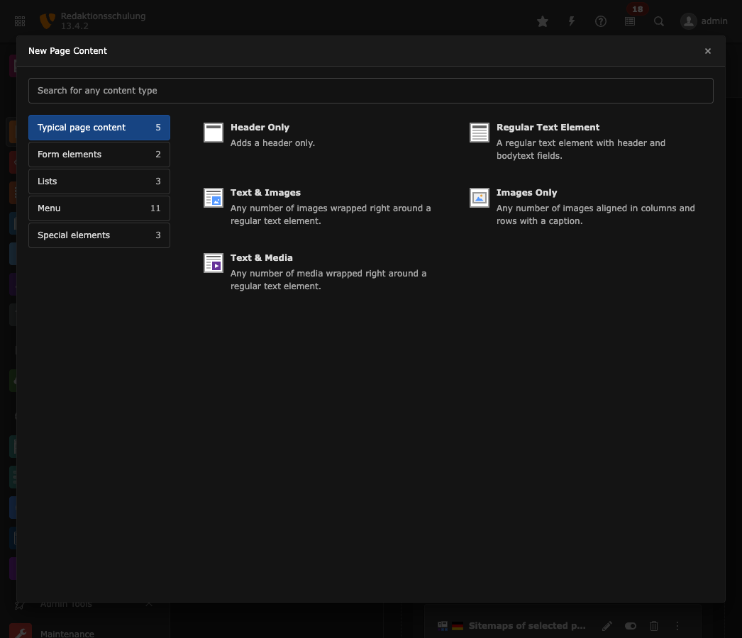 The New Content Element Wizard showing different categories and content element types.