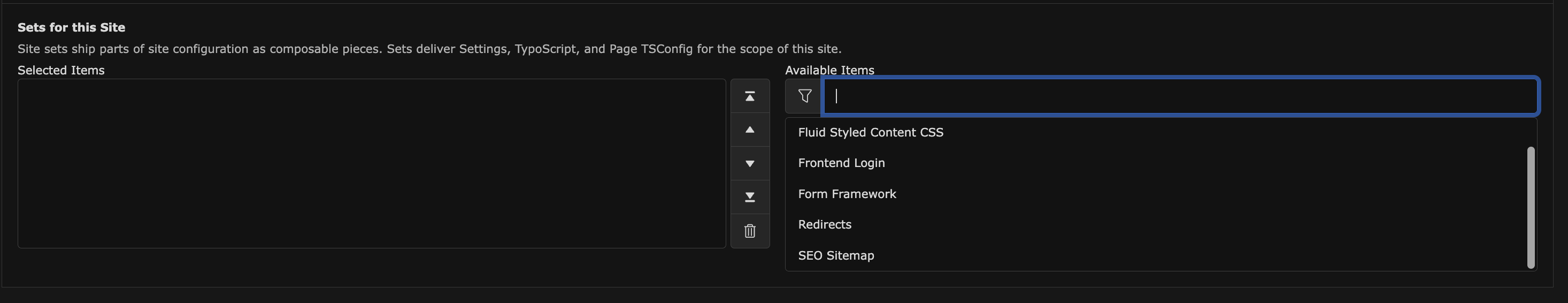 The Site Sets section of the site configuration with a list of all available Site Sets.