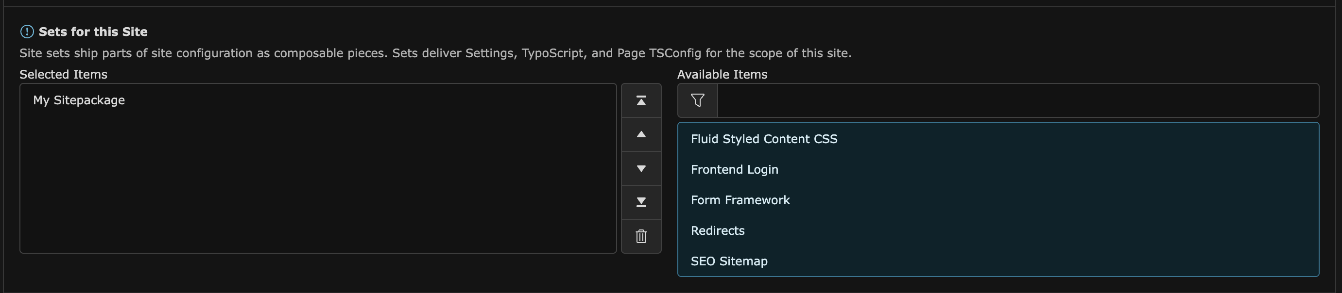 The Site Package listed in the section of selected items.