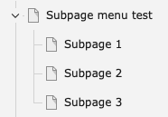 TYPO3 page tree with parent page "Subpage menu test" and subpages named "Subpage 1," "Subpage 2," and "Subpage 3"