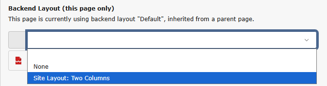 A dropdown menu labeled Backend Layout is open, showing options: None and Site Layout: Two Columns. The page is currently using the Default backend layout inherited from a parent page.