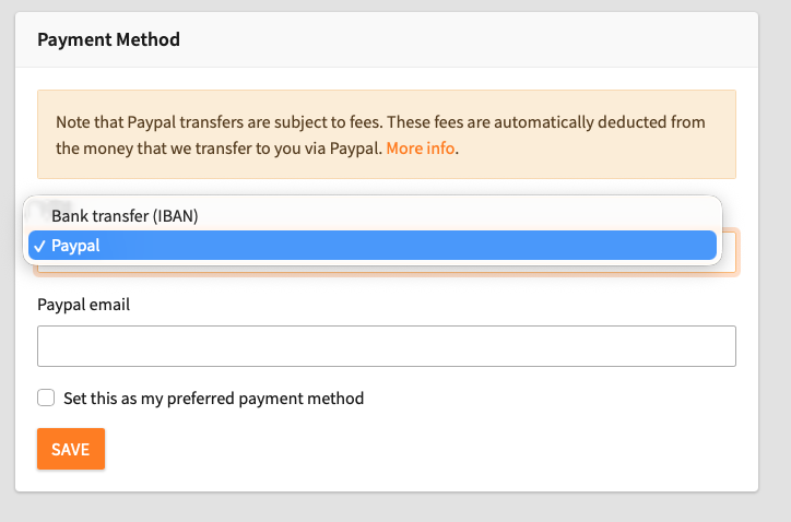 A payment method selection form showing a dropdown with Bank transfer (IBAN) and Paypal options. Paypal is selected. There is a field for Paypal email and a checkbox to set as preferred payment method. A yellow SAVE button is below.