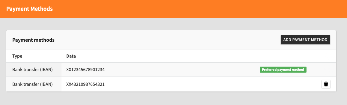 A payment methods page showing two bank transfer (IBAN) entries. One is labeled as the preferred payment method, and an option to add or delete payment methods is visible.
