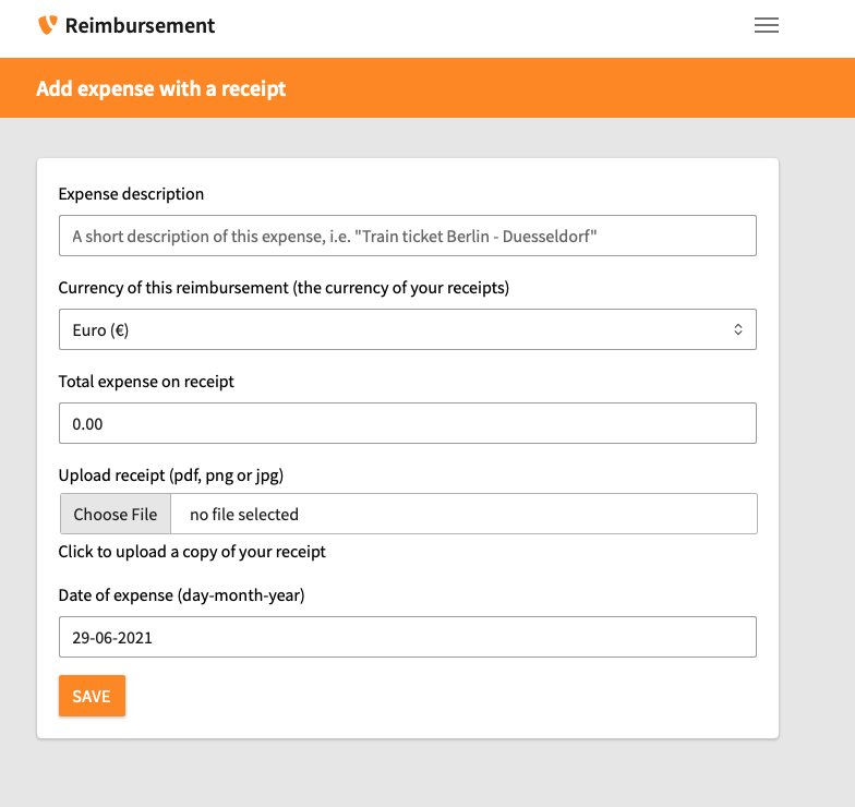 A reimbursement form with fields for expense description, currency, expense amount, receipt upload, and date. A yellow Save button is at the bottom. The page header reads Add expense with a receipt.