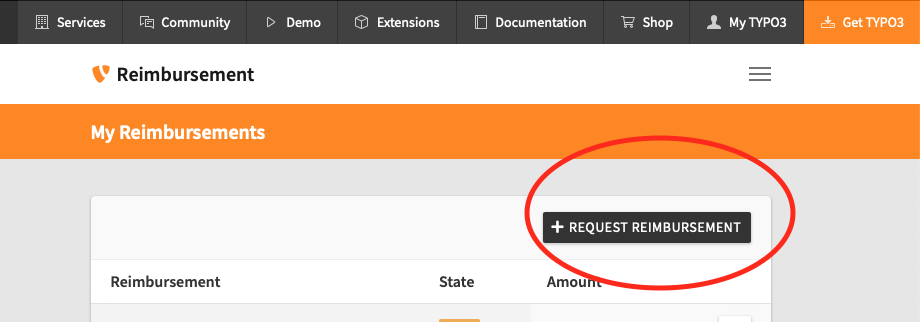 Screenshot of the TYPO3 Reimbursement Tool dashboard. A black “Request Reimbursement” button is prominently circled in red in the upper right of a white section labeled “My Reimbursements.”.