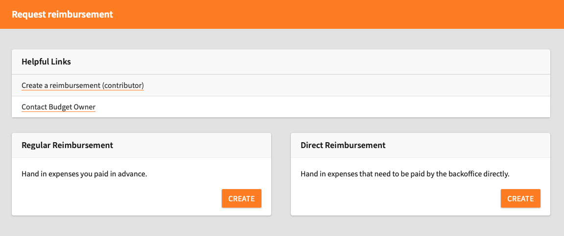A webpage titled Request reimbursement shows helpful links, including Create a reimbursement and Contact Budget Owner. Below are options for Regular or Direct Reimbursement, each with a Create button.