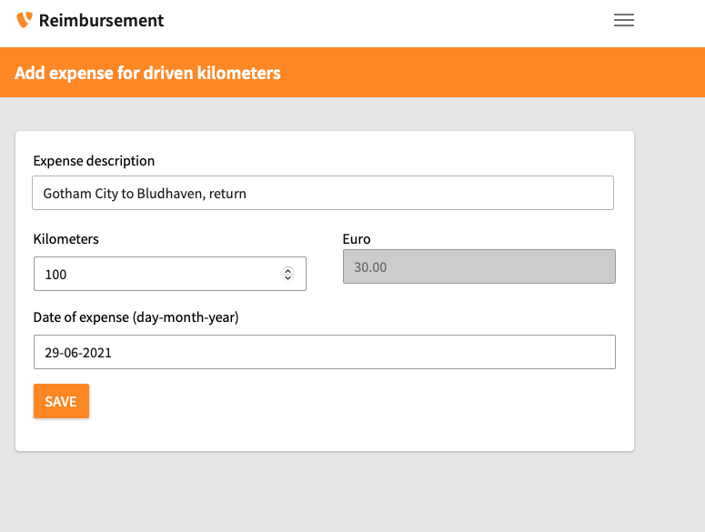 A reimbursement form for driven kilometers with fields for expense description, kilometers, euro amount (grayed out), date of expense, and a yellow Save button. Example data is filled in each field.