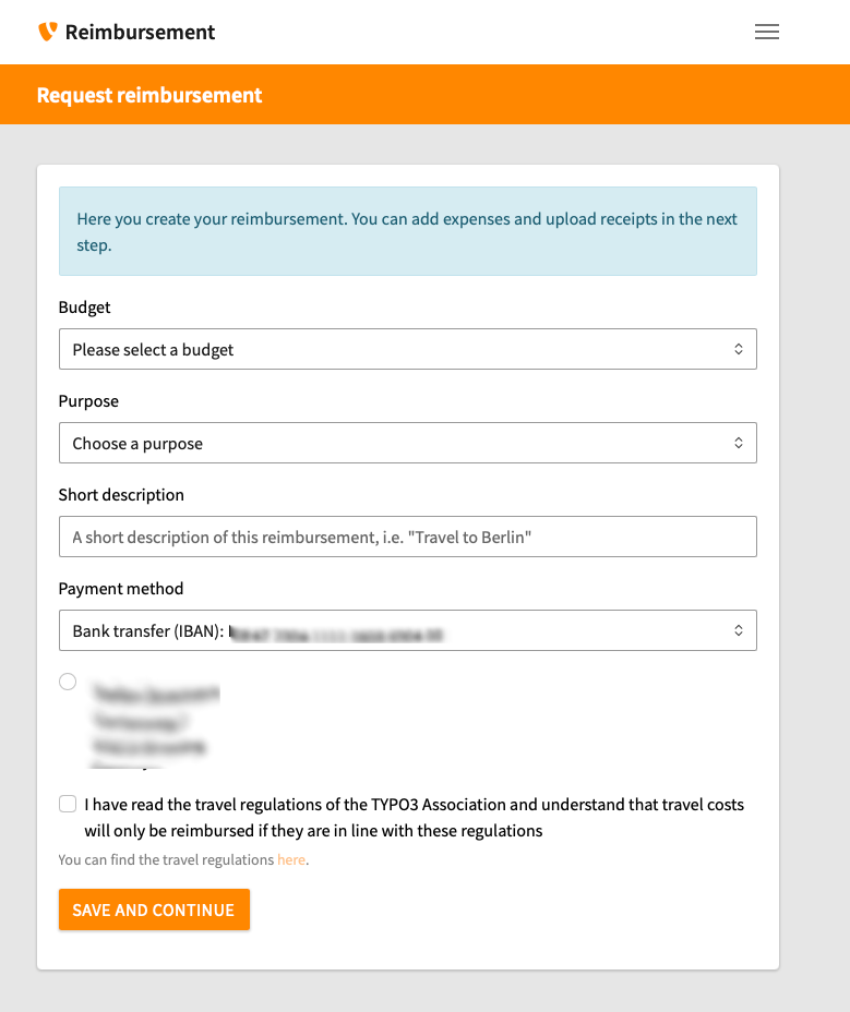 A reimbursement request form with fields for budget, purpose, short description, payment method (IBAN), and a checkbox to accept travel regulations, plus a Save and continue button at the bottom.