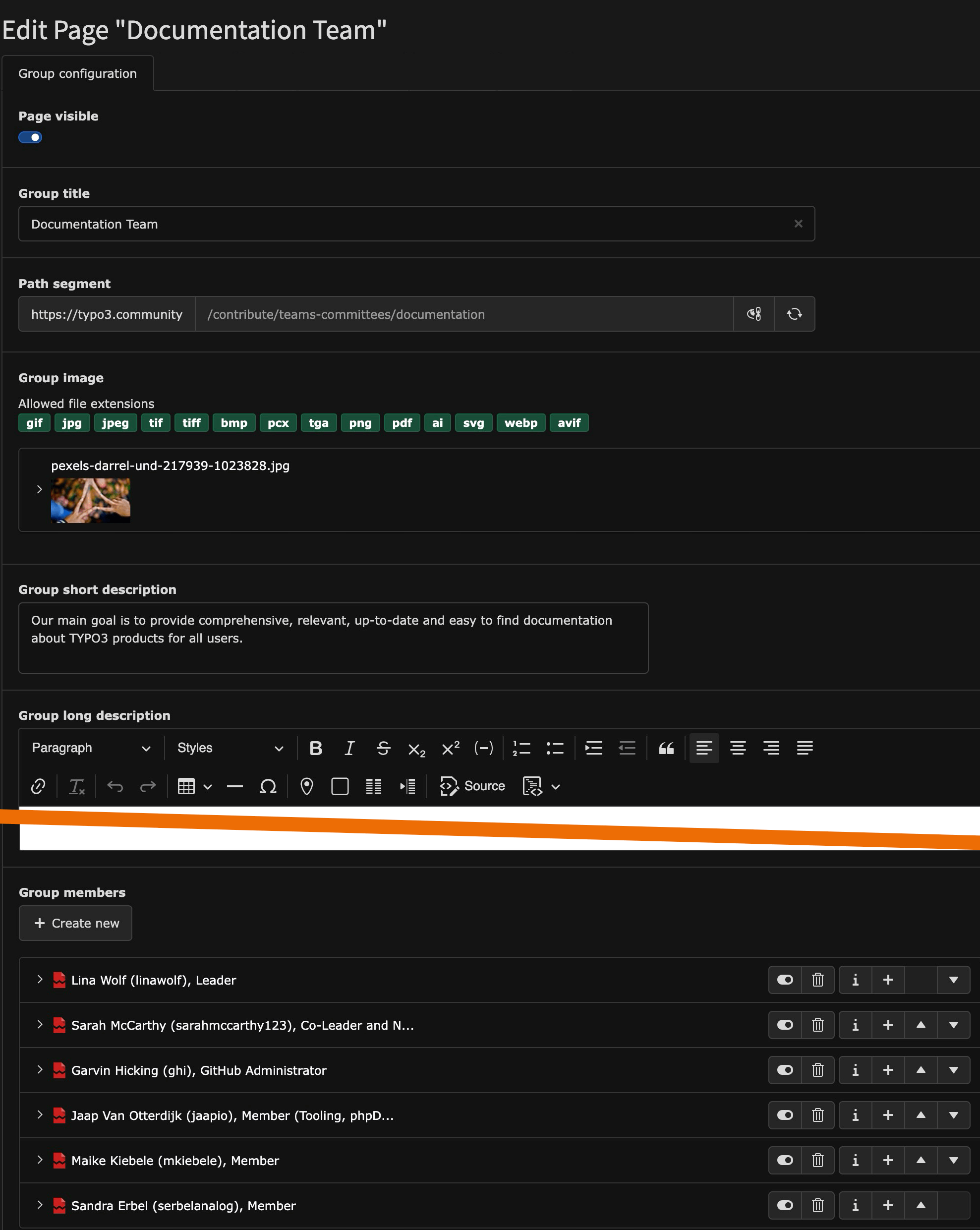 Screenshot of a TYPO3 CMS interface editing the Documentation Team page. The page includes group name, image, a description, and a list of members and their roles.