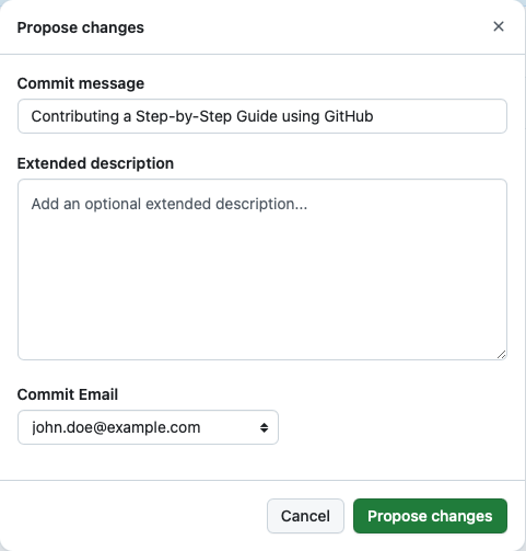 A dialog box titled Propose changes shows fields for a commit message, extended description, and commit email, with Cancel and green Propose changes buttons at the bottom.