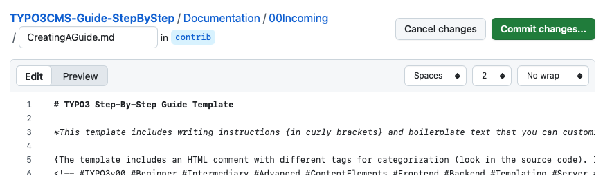 Screenshot of a GitHub interface showing a Markdown file titled "CreatingAGuide.md" being edited. The file contains a template for a TYPO3 step-by-step guide, with instructional text and placeholders.