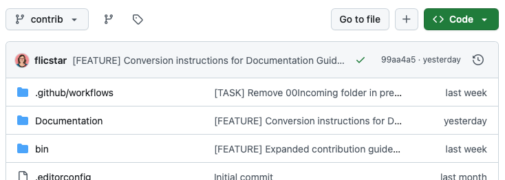 A GitHub repository file list showing folders called ".github/workflows", "Documentation", and "bin". Options like Go to file and Code are visible at the top.