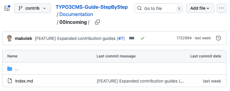 GitHub repository directory view for 00Incoming folder. Shows one file, Index.md. Options like "Go to file" and "Add file" are visible at the top.