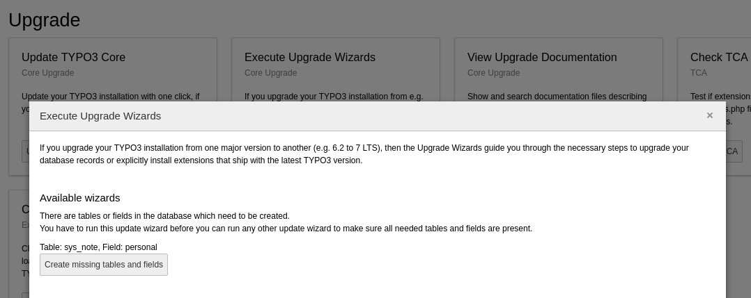 The Upgrade Wizard indicating that the database needs updates