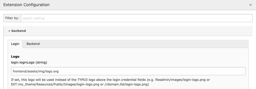 Configuration screen for the backend extension