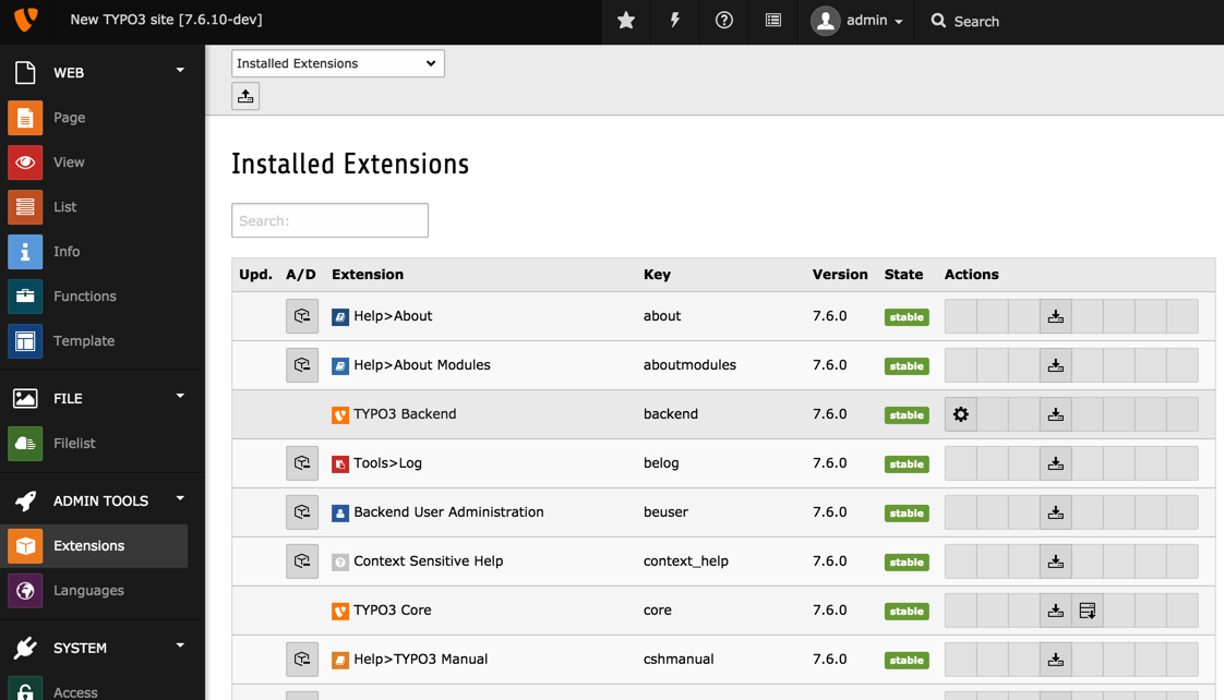 The Extension Manager with a bare bones installation