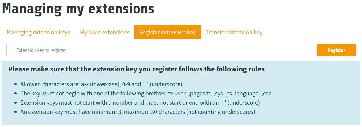 The extension key registration form