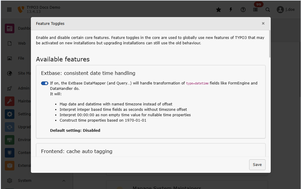 Feature toggles in the Admin Tools