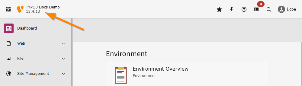 The top bar of a TYPO3 backend showing the current version being used.