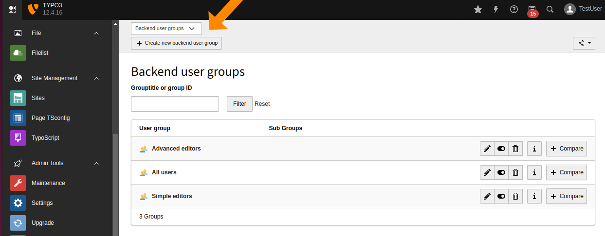 Viewing groups in the Backend Users module