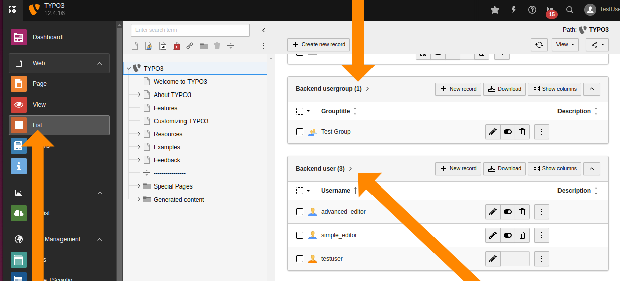 Viewing backend users in the List module