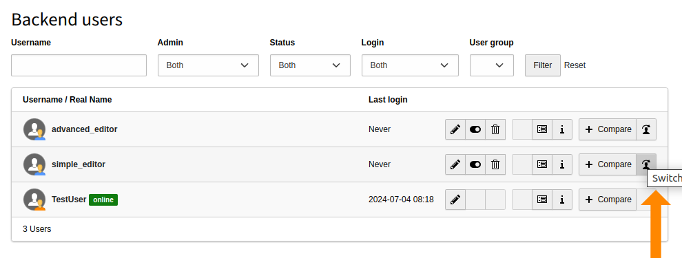 The last action icon lets us simulate another user