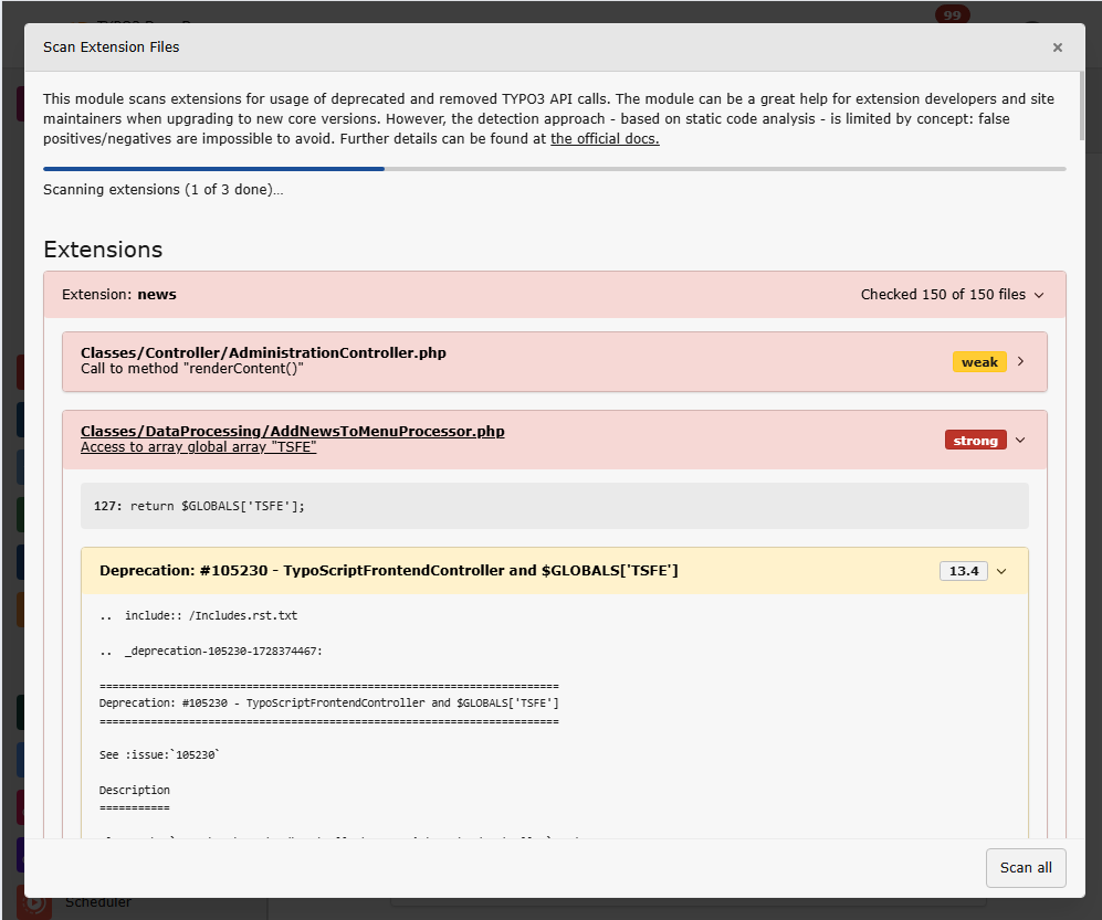 The extension scanner report with strong and weak matches