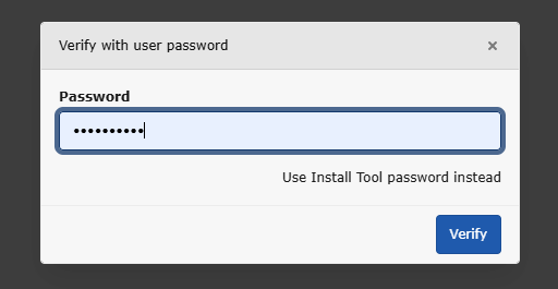 Dialog "Verify with user password" with password prompt shown on attempting to change a password.