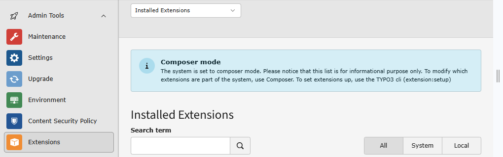 The TYPO3 backend Extension Manager with message "Composer mode: The system is set to composer mode. Please notice that this list is for informational purpose only. To modify which extensions are part of the system, use Composer. To set extensions up, use the TYPO3 cli (extension:setup)"