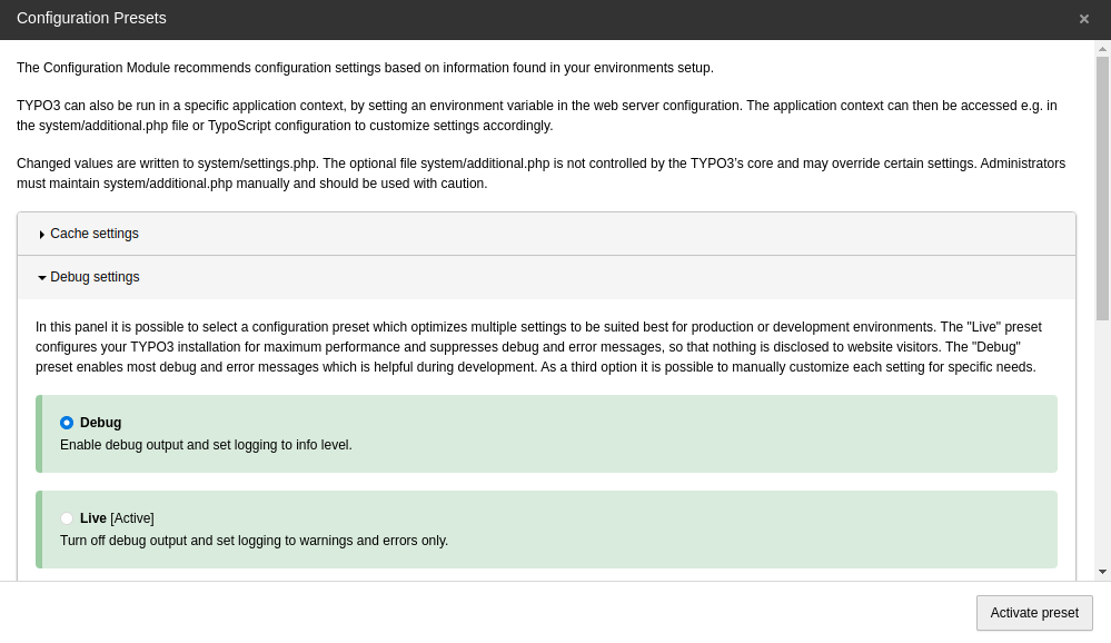 Enabling the debug preset