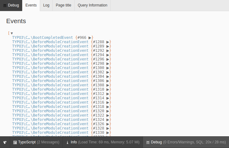 List of dispatched events in the Admin Panel