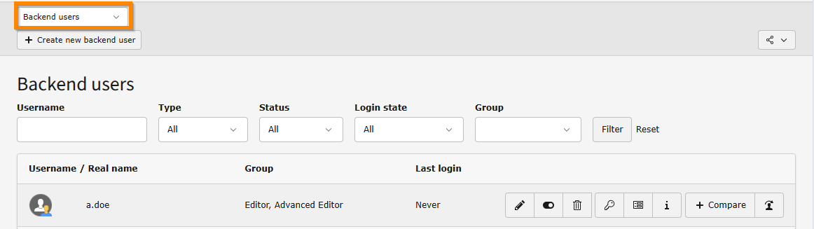 The main submodule Backend users of the backend user module