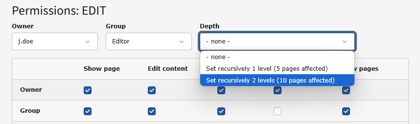 Preparing for recursively changing the group on the whole page tree