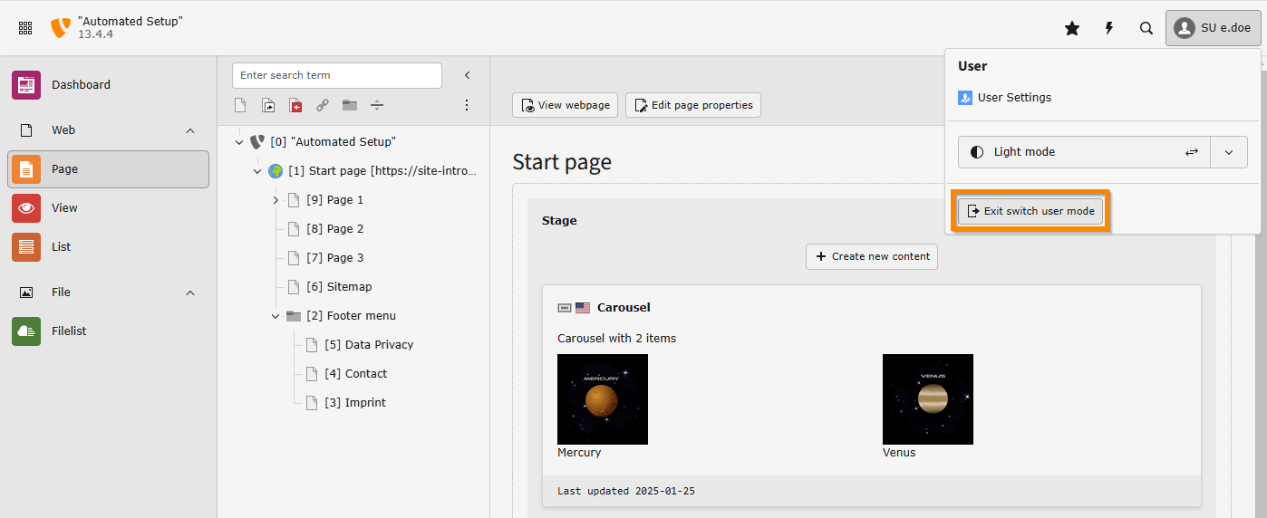 The TYPO3 backend viewed by a standard editor