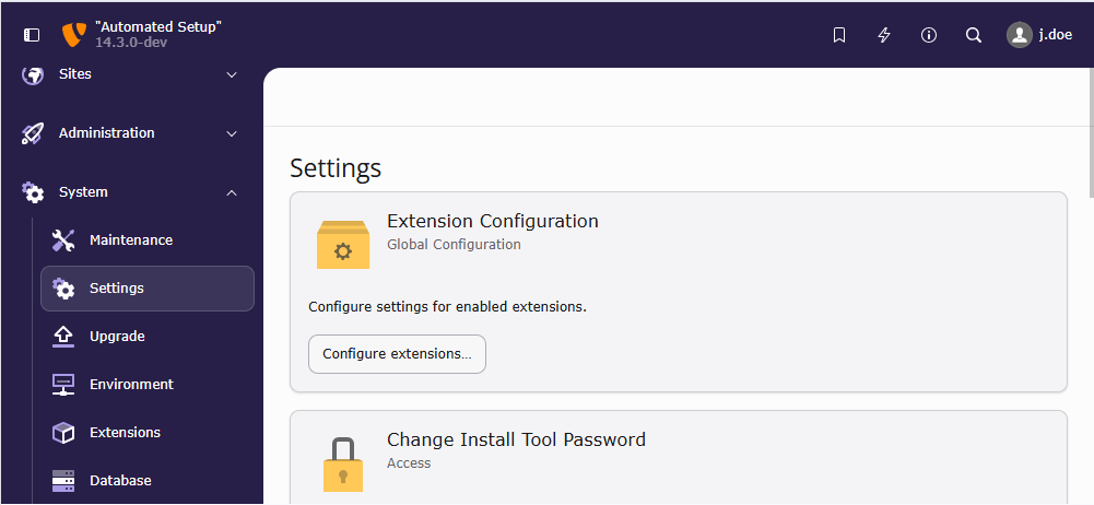 Backend module "System > Settings" as seen by a system maintainer