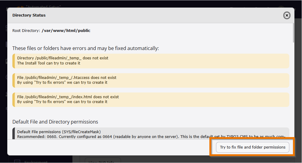 Output of the directory status with missing writing permissions for folder public