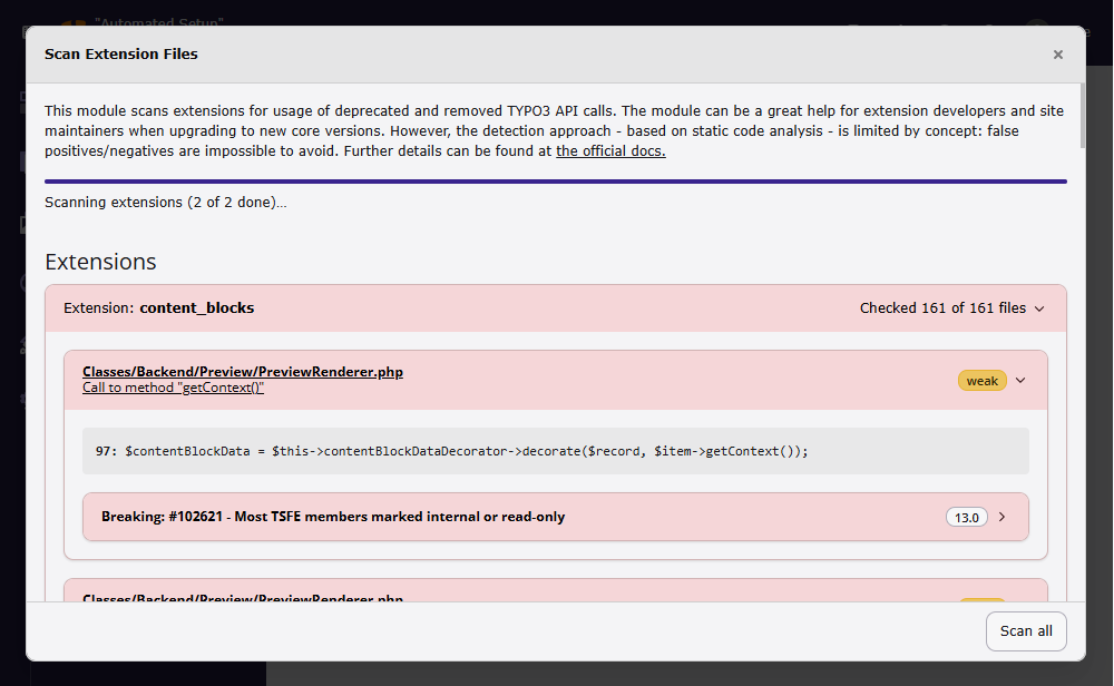 The extension scanner report with strong and weak matches