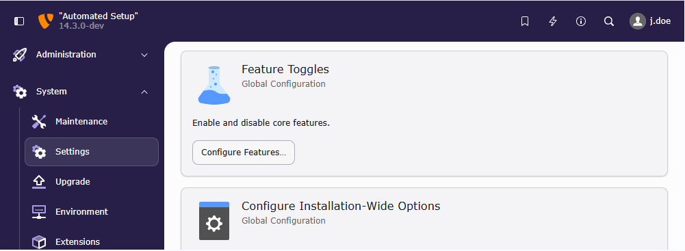 Feature toggles in module System > Settings