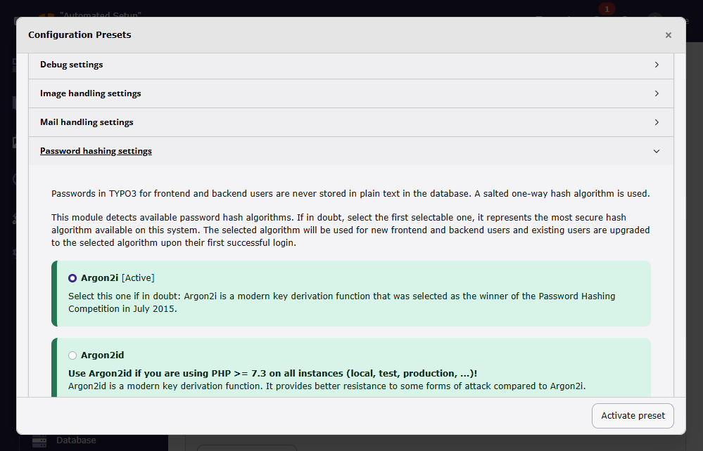 Argon2id active for frontend and backend users