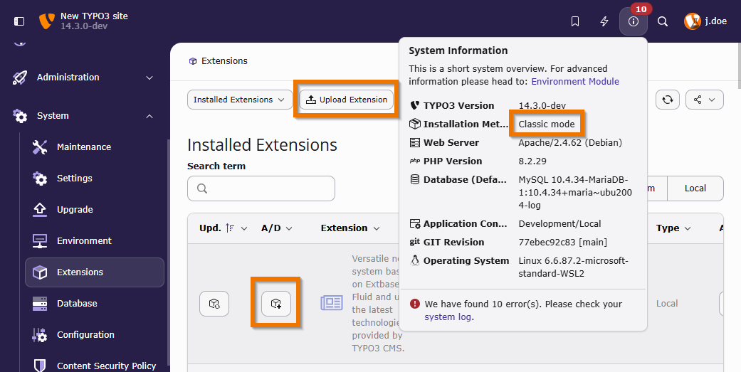 The TYPO3 backend Extension Manager in Classic Mode: Buttons "Upload Extension" and "Deactivate" for some extensions are visible