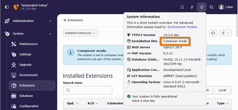 The TYPO3 backend Extension Manager with message "Composer mode: The system is set to Composer mode. Please notice that this list is for informational purpose only. To modify which extensions are part of the system, use Composer. To set extensions up, use the TYPO3 cli (extension:setup)"