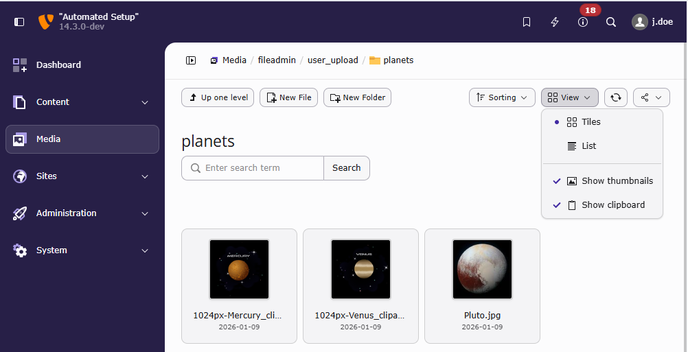 DropDown button component in the :guilabel:`Media` module