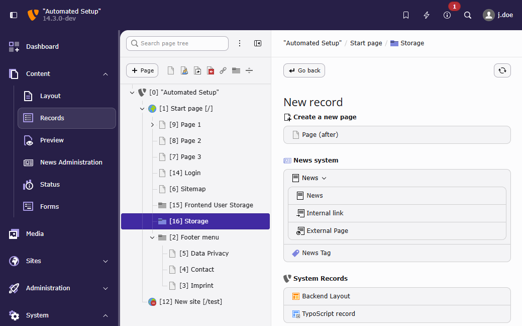 TYPO3 Backend with the "New Record" component in the Contents > Records module