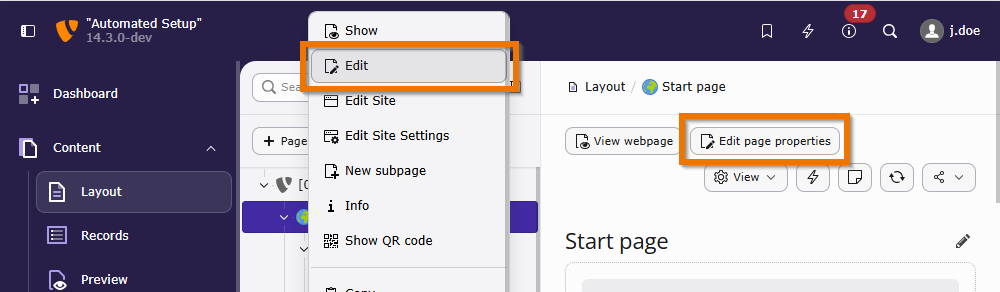 Screenshot demonstrating the location of the "Edit page properties" button in the header of the "Content > Layout" module