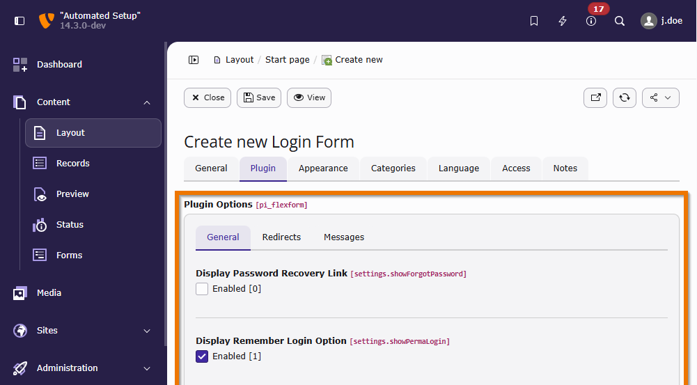 Plugin Options of the Frontend login plugin
