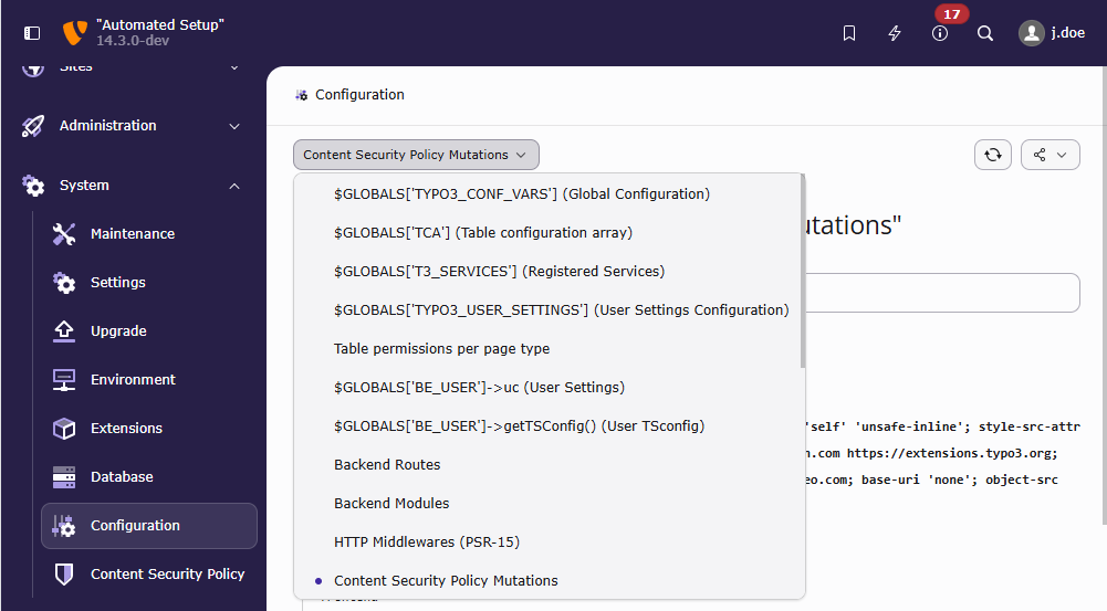 Backend module System -> Configuration with the selector open to demonstrate $GLOBALS variables that can be displayed