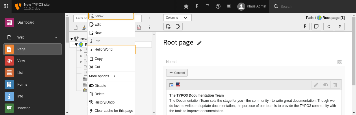 The context menu now contains an additional item "Hello World"