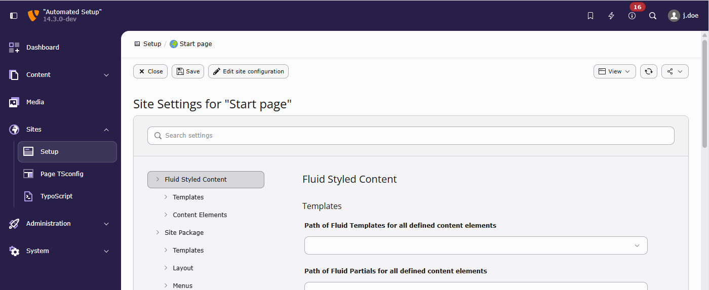 The site settings module in the TYPO3 backend, seen by an administrator