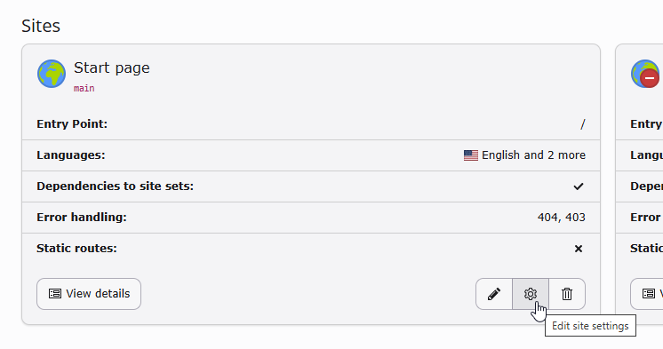 Screenshot of the Site Setup module in overview, button "Edit site settings" is highlighted