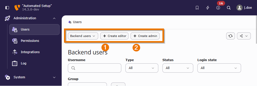 The main submodule Backend users of the backend user module